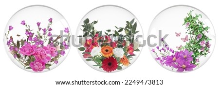 Beautiful fresh flowers. Floral card design. Flower Arrangement inside of glass sphere isolated on white background.