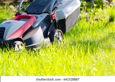 Beautiful fresh green grass on lawn and electric lawn mower  - Shutterstock ID 641528887