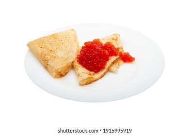 beautiful fried pancakes with red caviar on a white plate isolated on white background for your design or advertising