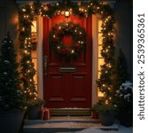 A beautiful front door adorned with a holiday wreath, illuminated by twinkling lights and accented with festive garlands, capturing the cozy and magical essence of Christmas.