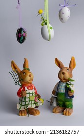 Beautiful front view at two easter bunnies, boy and girl bunny, with gardening stuff in their hands, looking up on three painted easter eggs above their heads, with white isolated background.