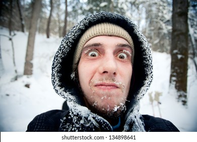 Beautiful Frozen Face Of Brave Hiker. Russia, Pidan