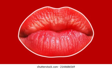 Beautiful Full Lipped Woman Mouth Kissed Isolated. Womans Lip. Girl Mouth Close Up With Red Lipstick. Sexy Lips.