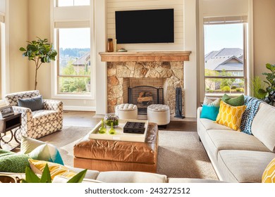 Beautiful Furnished Living Room Interior In New Luxury Home With Fireplace And Television