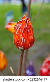 Beautiful garden decoration, a flower replica made of ceramic, (tulip replica). - Shutterstock ID 2232146477
