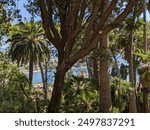 The beautiful garden of Villa Durazzo on a warm sunny day with blue sky in Santa Margherita, Italy