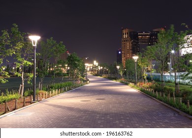 Beautiful Garden Walkway With Lamps At Night, Odaiba, Japan