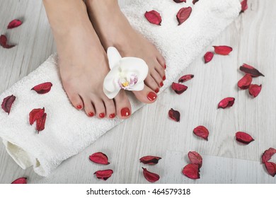 Beautiful Gel Red Pedicure With Orchid And Petals Around On White Towel