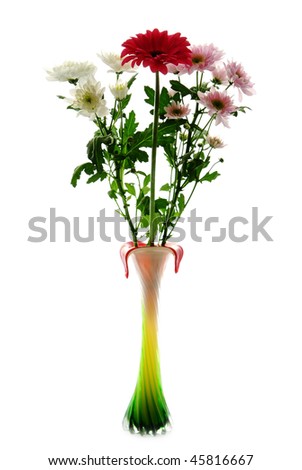 Beautiful gerbera and chrysanthemum flowers  in wase isolated on white