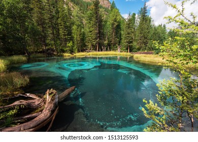 Beautiful Geyser Lake With Thermal Springs That Periodically Throw Blue Clay And Silt From The Ground. Altai Mountains, Russia