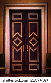 Beautiful Gilded Door, Baroque Style, In A Gloomy Mysterious Corridor