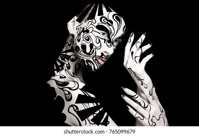 Beautiful girl and art black   white makeup   nails  Creative beauty face  Photo taken in the studio 