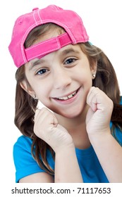 Beautiful Girl With A Backwards Pink Hat And A Lovely Expression Isolated On A White Background