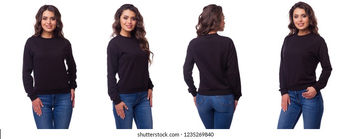 Beautiful Girl In A Black Sports Suit. Front View, Side View, Rear View. Sweatshirt Mockup Template