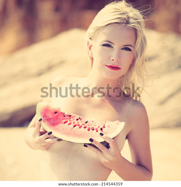 Beautiful Girl Blonde Holds Watermelon Sun Stock Photo Edit Now
