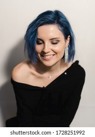 Beautiful Girl With Blue Navy Hair. Bob Hairstyle. 