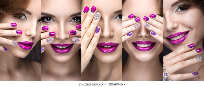 Beautiful girl with a bright evening make-up and pink manicure rhinestones. Nail design. Beauty face. 