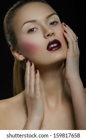 Beautiful Girl With Burgundy Lips And Fingernails