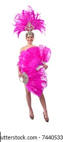  Beautiful Girl In Carnival Costume With Purple Feathers , Isolated On White Background.