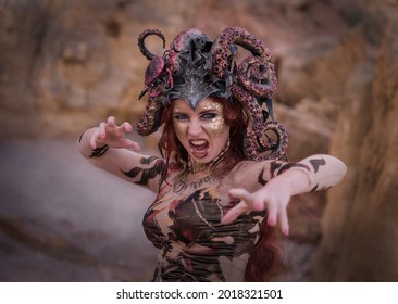 Beautiful Girl In The Costume Of The Sea Witch Ursula, Predatory Look, Close-up, Portrait