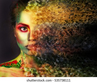 beautiful girl with creative make-up. effect photoshop. green. Creative make-up, studio photo, photo processing,