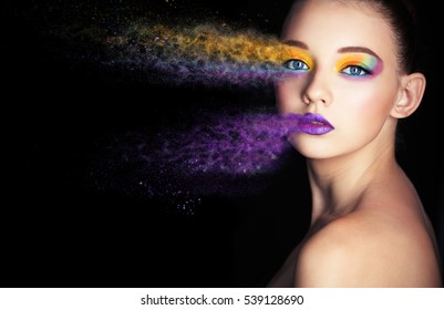 Beautiful Girl With Creative Make-up. Effect Photoshop. Green. Creative Make-up, Studio Photo, Photo Processing,