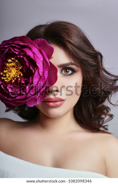 Beautiful Girl Dark Hair Big Flower Stock Photo Edit Now