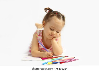 The Beautiful Girl Drawing Pencils In A Sketch Pad On The Isolated White Background