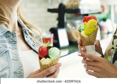 Beautiful Girl Eating An Italian Ice Cream, Selective Focus