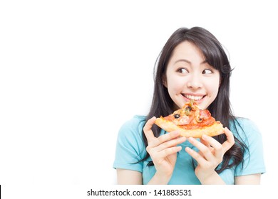 beautiful girl eating pizza, isolated on white  background