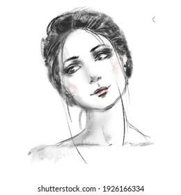 Beautiful Girl Face Close Up Sketch. Hand Drawn Black And White Pencil Fashion Illustration. Young Woman Portrait.