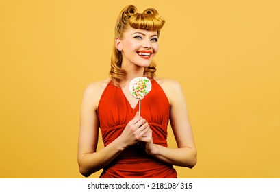 Beautiful Girl With Fashion Hairstyle With Lollipop. Sexy Woman With Candy Sucker. Sweet Life.