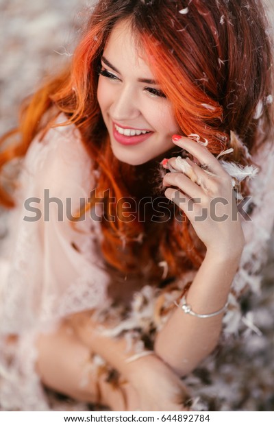 Beautiful Girl Feathers Tenderness Warm Bed Stock Photo Edit Now