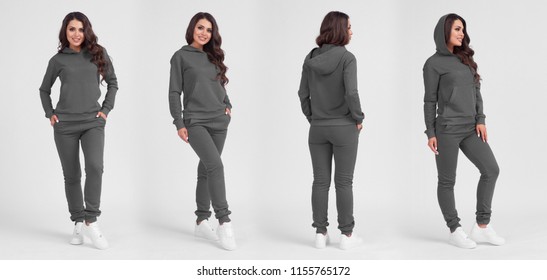 Beautiful girl in a grey sports suit with a hood. Front view, side view, rear view. Sweatshirt template