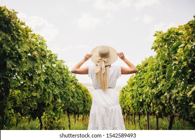 Beautiful girl in hat walking on large vineyard plantation,Tuscany, Italy. 