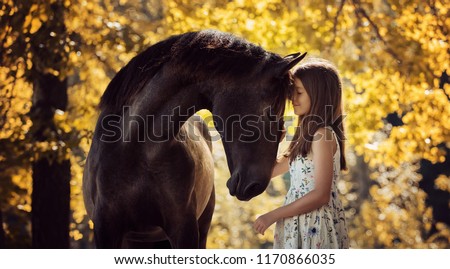 Beautiful girl with her andalusian horse and beautiful warm sunset in the autumn forest