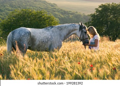 Beautiful Girl And Horse Outdoors