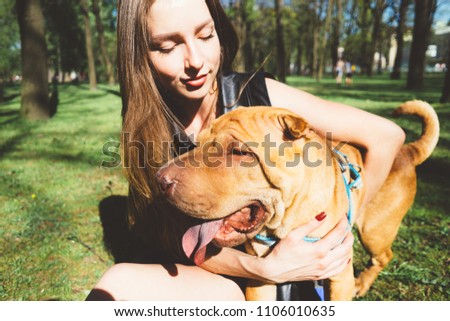 Similar – Foto Bild Frau mit blondem Labrador auf der Lichtung