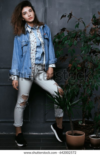 Beautiful Girl Jeans Poses Next Flower Stock Photo Edit Now