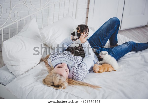 Beautiful Girl Kissing Puppies Emotions Feelings Stock Photo Edit