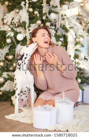 beautiful girl in a knitted dress hugs and plays with a Dalmatian dog sitting on the floor against the background of a beautiful interior and Christmas tree