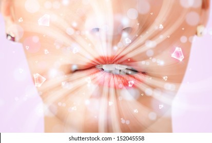 Beautiful girl mouth breathing abstract white lights and crystals close up