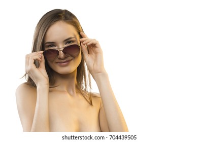 Beautiful Girl Naked Shoulders Sunglasses Lit ภาพสตอก Shutterstock