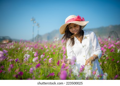 Beautiful Girl On The Cosmos Flower Field