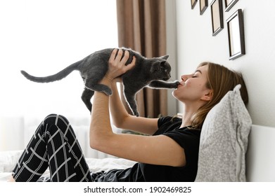 beautiful girl in pajamas holds her beloved pet in her arms. Scottish kitten in the arms of the girl. thoroughbred British cat. girl sitting on the bed in a beautiful cozy room. women's pajamas