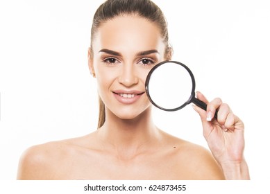 Beautiful Girl With Perfect Skin Commercial Face Type Holding Magnifier Beauty Skin Concept