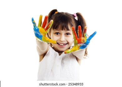 beautiful girl playing with colors on white background
