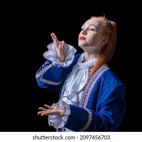 Beautiful Girl Posing In A Butler Costume On A Black Background