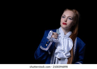 Beautiful Girl Posing In A Butler Costume On A Black Background