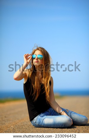 Similar – Happy young woman looking through the window car